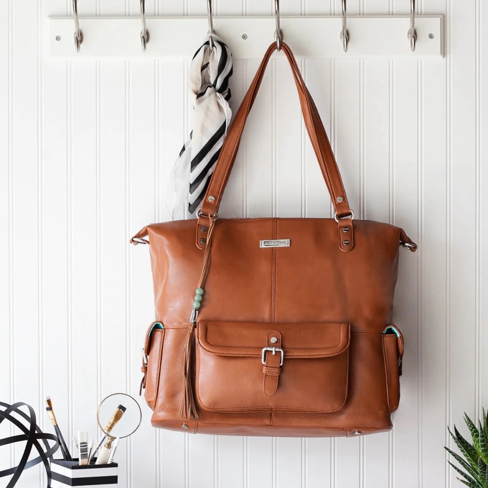 Lily Jade Meggan camel and silver leather diaper bag with teal interior